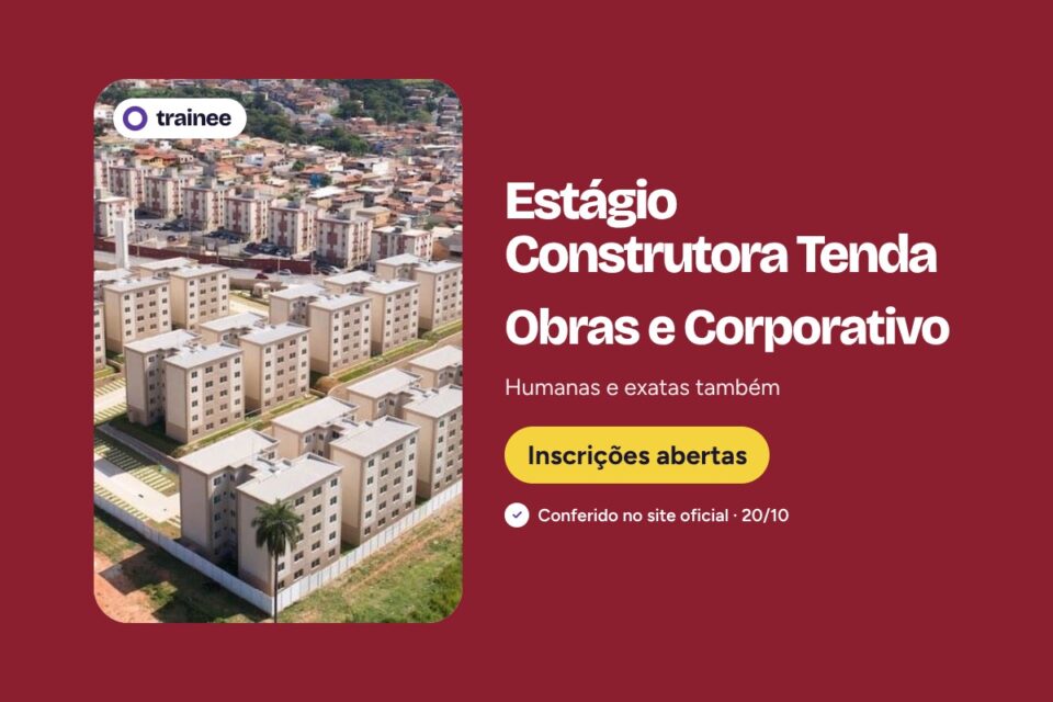 Vista aérea de condomínio residencial com prédios bege cercado por vegetação e bairro urbano ao fundo. Estágio Construtora Tenda : Obras e Corporativo Humanas e exatas também. Engenharia Civil, Arquitetura e Urbanismo, Humanas ou exatas.