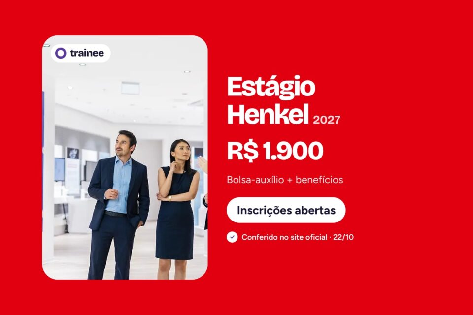 Três profissionais conversam diante de telão com imagem de realidade aumentada. Estágio Henkel 2027: R$ 1.900 Bolsa-auxílio + benefícios. Bacharelado e licenciatura, Formatura 2028–2029, Presencial ou híbrido.