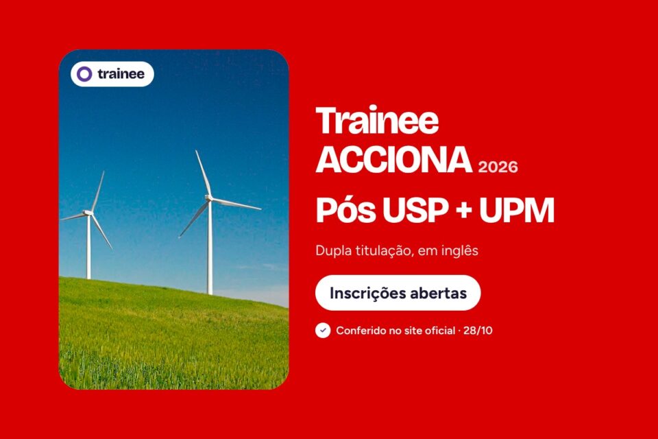 Fileira de turbinas eólicas brancas sobre colina verde sob céu azul limpo. Trainee ACCIONA 2026: Pós USP + UPM Dupla titulação, em inglês. Engenharias e Arquitetura, Formados 2022–2026, SP, ES, PR e PE.